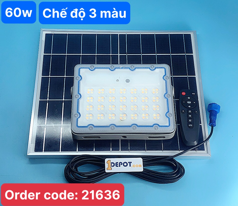 Đèn led pha năng lượng mặt trời 60W, chế độ 3 màu